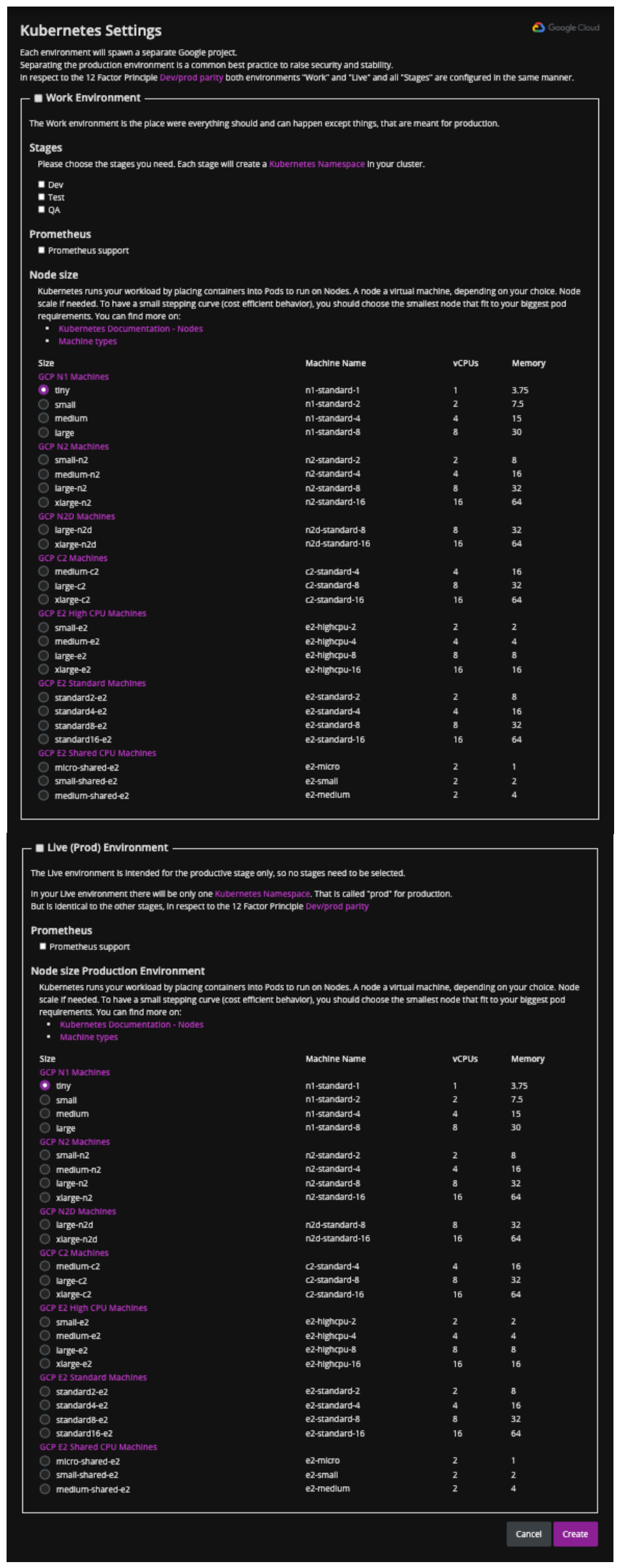 GCP Kubernetes Settings